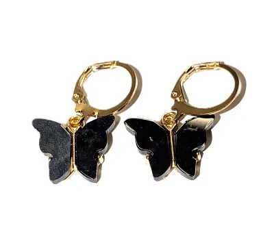 "BLACK BUTTERFLY" JEWELRY SET with NECKLACE (17" L+ Enamel Butterfly Pendant + Gold Tone Lobster Clasp) and MATCHING...