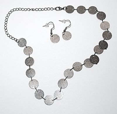 Delicate Silver Colored Choker NECKLACE with " Gray Ground Glitter Circles" Accents (12" L) JEWELRY SET with Matching...