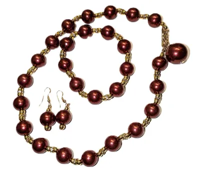 RED GLOBES NECKLACE (16" L + TOGGLE Clasp) & BRACELET (Stretch + 2" Opening) & Matching EARRINGS (Hooked Wire Clasp)...