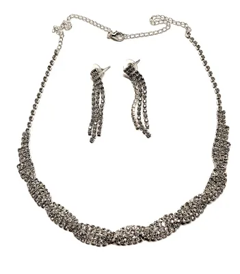 Silver Tone Bejeweled "Twisted Swirled" JEWELRY SET with NECKLACE (18" L+ Lobster Clasp) and Triple Dangles EARRINGS with...