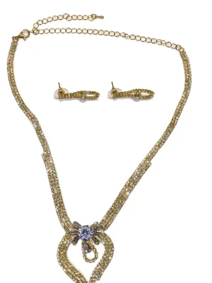 Gold Tone Bejeweled "HEART-STYLE" JEWELRY SET with CHOKER NECKLACE (15" L+ Gold Tone Chain, Clear Baguettes and Lobster...