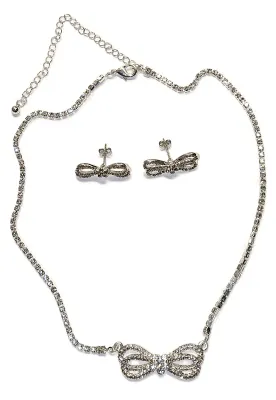 Silver Tone Bejeweled Double BOWTIE JEWELRY SET with NECKLACE (JEWELED CHAIN + 18" L + Lobster Clasp) and Matching Jeweled EARRINGS...