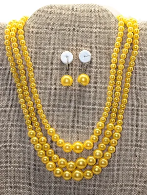 YELLOW 3 Strand GLOBES JEWELRY SET with NECKLACE (18" L+ Silver Tone Lobster Clasp) and MATCHING EARRINGS with Wire Hook Clasp