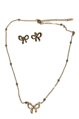 Delicate Gold Tone "RIBBON BOWTIE" JEWELRY SET with NECKLACE - Marked "STAINLESS STEEL - (16" L+ Lobster Clasp) and...