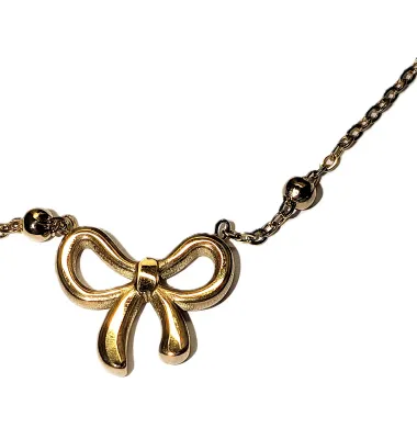 Delicate Gold Tone "RIBBON BOWTIE" JEWELRY SET with NECKLACE - Marked "STAINLESS STEEL - (16" L+ Lobster Clasp) and...