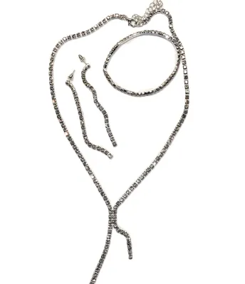Silver Tone BEJEWELED JEWELRY SET with NECKLACE (Total Length Jeweled, 22" L + Lobster Clasp) & BRACELET (Stretch, 2"...