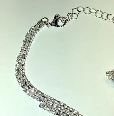 Bejeweled Silver Tone "DANGLES" JEWELRY SET with NECKLACE (14"-16" L + Lobster Clasp) and Matching Jeweled Dangle...