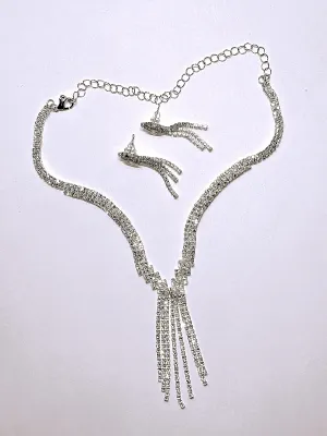 Bejeweled Silver Tone "DANGLES" JEWELRY SET with NECKLACE (14"-16" L + Lobster Clasp) and Matching Jeweled Dangle...