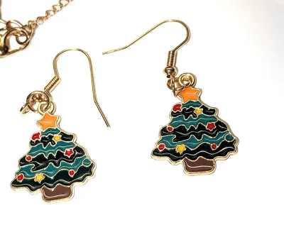 Colorful CHRISTMAS HOLIDAY TREE JEWELRY SET with NECKLACE (20" L + Gold Tone Chain and Lobster Clasp) and MATCHING EARRINGS with...