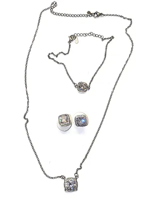 Silver Tone BEJEWELED ROUND CLEAR STONE JEWELRY SET with NECKLACE ( Marked .925, 18" L, Lobster Clasp) & BRACELET (Marked .925,...