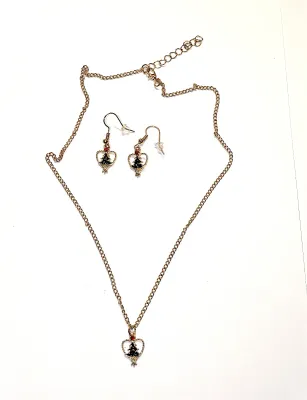 Delicate Colorful GREEN HOLIDAY TREE JEWELRY SET with NECKLACE (17" L + Tiny Red Stone Tree-Top + Gold Tone Chain and Lobster Clasp)...