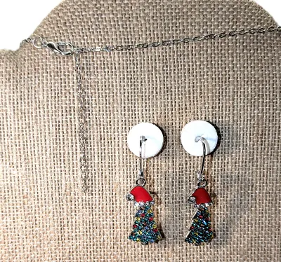 Holiday CHRISTMAS TREE JEWELRY SET with NECKLACE (18"-19" L, Red "Santa Hat" Pendant + Silver Tone Chain/Lobster...