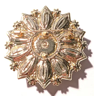 **NEW ARRIVAL** Beautiful Jeweled Large BLUE & GREEN Enameled FLOWER BROOCH (2" Diam.) with Gold Colored Edges Layers of Petals...