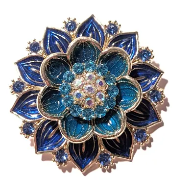**NEW ARRIVAL** Beautiful Jeweled Large BLUE & GREEN Enameled FLOWER BROOCH (2" Diam.) with Gold Colored Edges Layers of Petals...