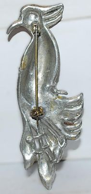 VINTAGE BEJEWELED PEACOCK-STYLE BIRD BROOCH (3" x 1") with RED Eye on a Solid Silver Tone Setting