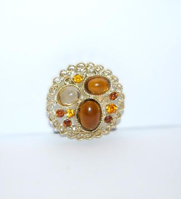 Triple Oval AMBER & WHITE STONES BROOCH (1½" Diam.) with Amber Accents Stones and Filagree Style Gold Tone Setting