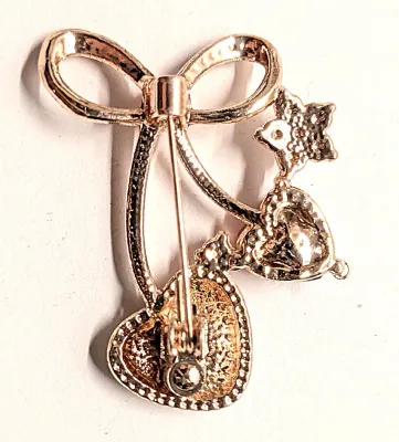 **NEW ARRIVAL** Bejeweled RED & JEWELED HEARTS BROOCH (1½" x 1") with Jeweled Bow and Star Accents on a Rose Gold Tone Setting