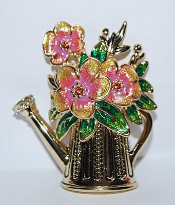 Pink, Gold & Green Flowered Enameled SPRINKLING CAN BROOCH (2" x 2") - Marked "NAPIER" with a Jeweled Spout and...
