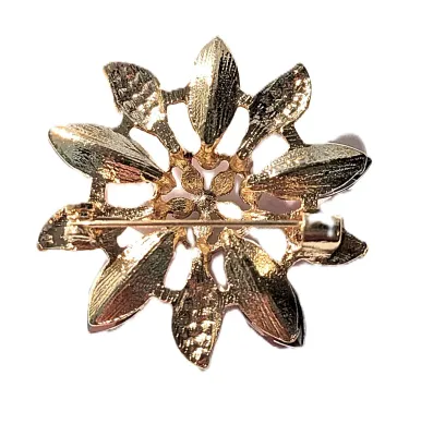 **NEW ARRIVAL** RED MARQUISE-CUT STONES FLOWER BROOCH (1¾" Diam.) with Jeweled Petals and Center on a Gold Tone Setting