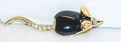 Small BLACK MOUSE BROOCH (2" x ½") with MOVEABLE Bejeweled TAIL & Gold Colored Ears and Face on a Gold Tone Setting