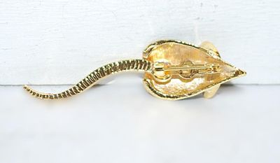 Small BLACK MOUSE BROOCH (2" x ½") with MOVEABLE Bejeweled TAIL & Gold Colored Ears and Face on a Gold Tone Setting