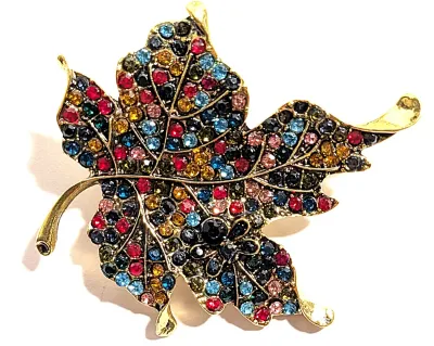 **NEW ARRIVAL** Jeweled MULTICOLOR LEAF BROOCH (2½" x 2") on a Gold Tone Setting