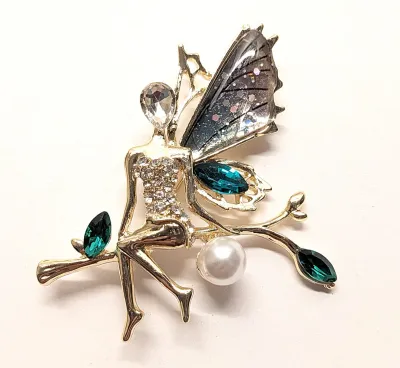**NEW ARRIVAL** GREEN "SITTING ANGEL" BROOCH (2½" x 2") with Single Faux Pearl, Acrylic Wings and Jeweled Body on a...