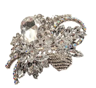**NEW ARRIVAL** Large Stones Bejeweled Silver Colored BOUQUET BROOCH (3½" x 2½") with Strings of Iridescent Stones on a Silver...