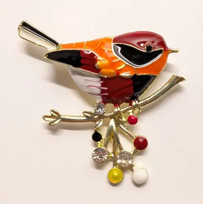 **NEW ARRIVAL** Jeweled Enameled ORANGE & BURGUNDY "FINCH-STYLE BIRD BROOCH (1¾" x 1½") on a Gold Branch and Colored...