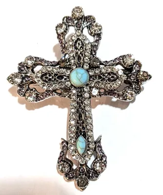 **NEW ARRIVAL** Beautiful Jeweled "SILVER CROSS" BROOCH (2¼" x 1¾") with 2 Small Turquoise Stone Inserts on a Silver...