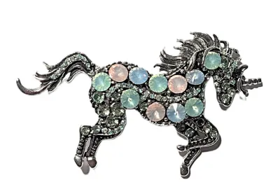 **NEW ARRIVAL** Large Jeweled Translucent "PINK, BLUE & GREEN STONES UNICORN BROOCH (3¼" x 2") with Silver Mane &...
