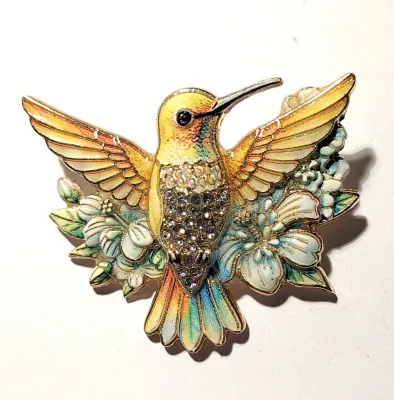 **NEW ARRIVAL** YELLOW Ceramic Styled HUMMINGBIRD BROOCH (1¾" x 1½") with Blue Flowers and Wings Out-Stretched on a Gold Tone...