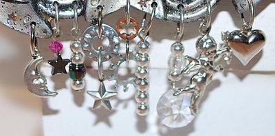 Large HEARTS, STARS & MOONS BROOCH (3¾" x 2¼") with Baubles and Dangles on a Black Enameled Setting