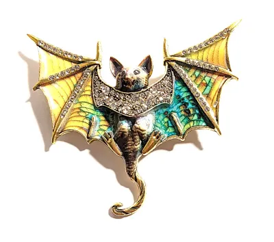 **NEW ARRIVAL** GREEN & YELLOW Enameled Bejeweled BAT BROOCH (2¾" x 2½") with Jeweled Out-Stretched Wings, Black Eyes on a...