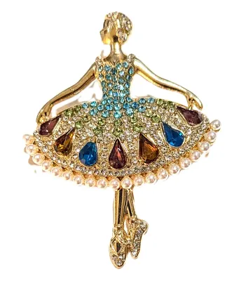 **NEW ARRIVAL** All Jeweled MULTICOLOR "BALLERINA" BROOCH (2¾" x 2") with Faux White Pearl-Lined Skirt and Jeweled...