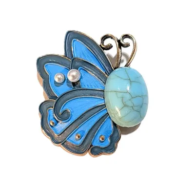 **NEW ARRIVAL** Oval TURQUOISE STONE BLUE SIDE-VIEW BUTTERFLY BROOCH (1½" x 1¼") with 2 Accent Faux Pearls and Blue Muted...