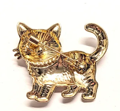 **NEW ARRIVAL** MULTICOLOR ENAMELED KITTEN BROOCH (1¾" x 1½") with Jeweled Collar, Green Eyes and Striped Tail on a Gold Tone...