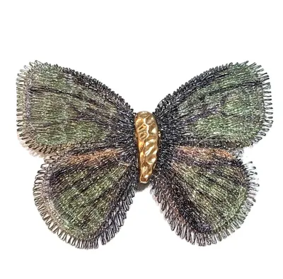 **NEW ARRIVAL** Delicate GREEN "SOFT WING" BUTTERFLY BROOCH (2" x 2") with "Cloth" Wings and Gold Colored...