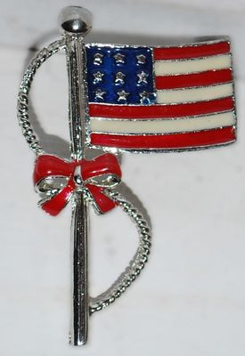 Enameled USA FLAG BROOCH (1¾" x 1¼") with Pole, RED Ribbon & Tassel Rope on a Silver Tone Setting