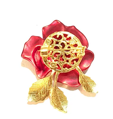 **NEW ARRIVAL** Metal RED ROSE BROOCH (1¾" x 1") with Jeweled Gold Colored Leaves on a Gold Tone Setting