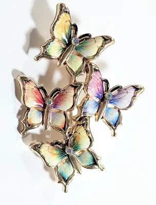 **NEW ARRIVAL** Enameled SET of 4 MULTICOLOR BUTTERFLIES BROOCH (2" x 1½") Each with Single Iridescent Center Stone on a Gold...