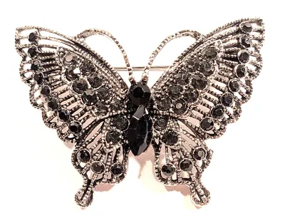**NEW ARRIVAL** Medium Size BLACK JEWELED BUTTERFLY BROOCH (2" x 1½") with Rows of Black Stones and Silver Colored Wings on a...