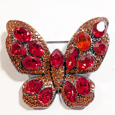 **NEW ARRIVAL** All RED STONES BUTTERFLY BROOCH (1¾" x 1½") with Large Red Teardrop Beveled Stones and Tiny Accent Body Stones...