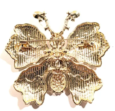 **NEW ARRIVAL** Beautiful Large Ceramic PINK & GREEN BUTTERFLY BROOCH (3" x 2¾") with Pink and Green Ovals, Clear Stones...