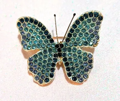 **NEW ARRIVAL** Small BEJEWELED BLUE STONES BUTTERFLY BROOCH (1¼" x 1") with Deep Blue Stones Edging on a Gold Tone Setting