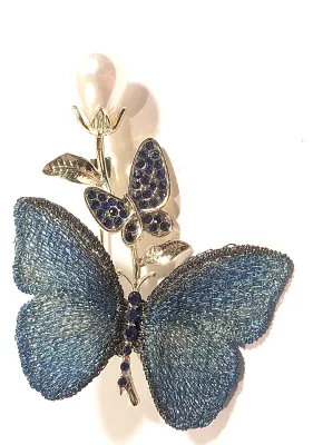 **NEW ARRIVAL** BLUE "SOFT WING" BUTTERFLY BROOCH (2½" x 2") with Cloth Wings, Large Faux Pearl. Black Stones Leaf...
