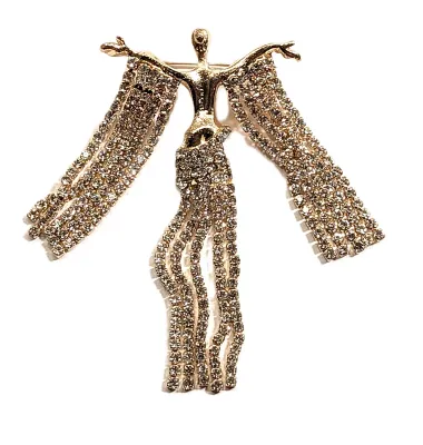 **NEW ARRIVAL** All Gold Colored "GODDESS" DANGLES BROOCH (2¼" x 1¼") with Tiny Clear Stones on a Gold Tone Setting