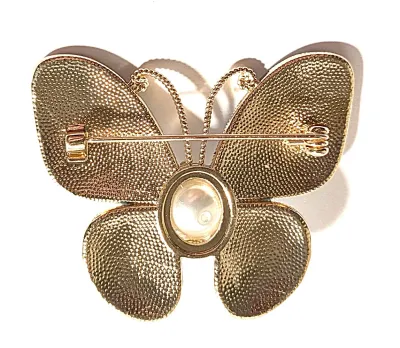 **NEW ARRIVAL** Dainty Enameled BLUE & BEIGE BUTTERFLY BROOCH (1¾" x 1½") with Large Faux Pearl with "Chain"...