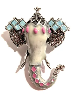 **NEW ARRIVAL** Ceramic-Style PINK & BLUE ELEPHANT HEAD BROOCH (2" x 1½") with Jeweled Ears and Silver Tusks on a Silver...