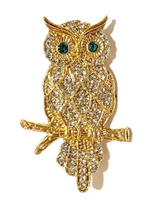 **NEW ARRIVAL** Jeweled GREEN-EYED OWL BROOCH (1½" x 1") with Clear Accent Body Stones on a Gold Tone Setting